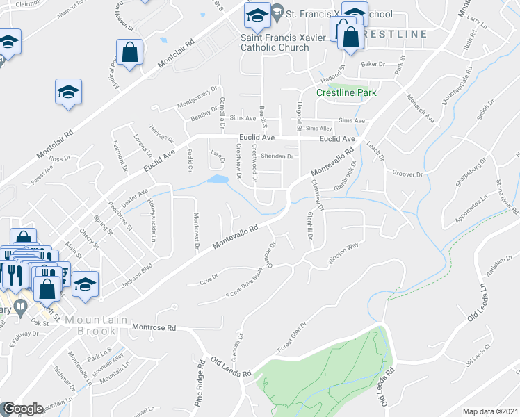 map of restaurants, bars, coffee shops, grocery stores, and more near 20 Crestview Cir in Birmingham