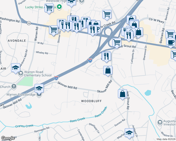 map of restaurants, bars, coffee shops, grocery stores, and more near 103 York Way in Augusta