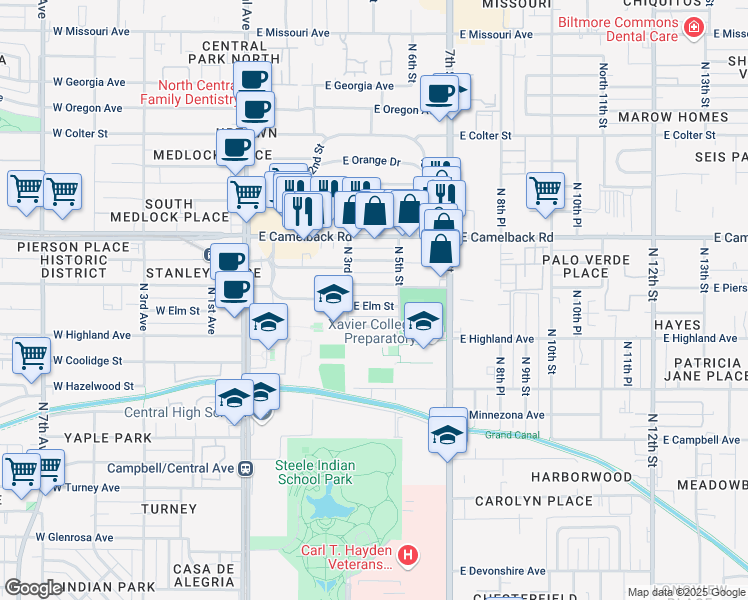 map of restaurants, bars, coffee shops, grocery stores, and more near 332 East Elm Street in Phoenix