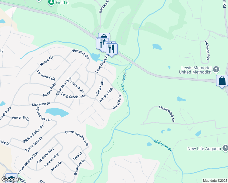map of restaurants, bars, coffee shops, grocery stores, and more near 556 Great Falls in Grovetown