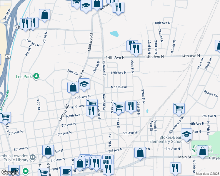 map of restaurants, bars, coffee shops, grocery stores, and more near 1025 17th Street North in Columbus