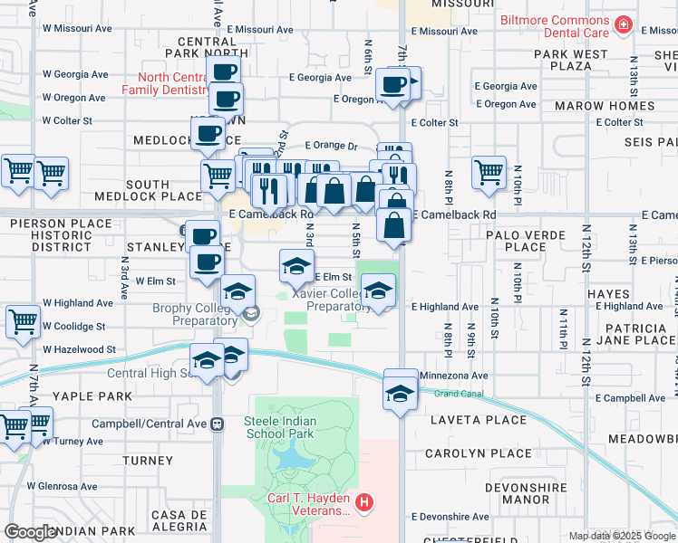 map of restaurants, bars, coffee shops, grocery stores, and more near 332 East Elm Street in Phoenix