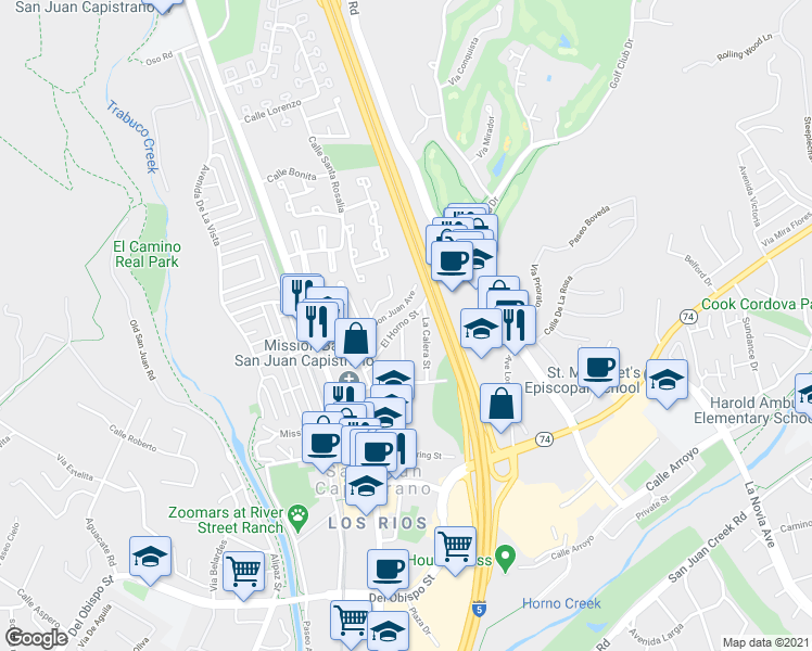 map of restaurants, bars, coffee shops, grocery stores, and more near 31372 La Matanza Street in San Juan Capistrano