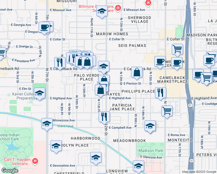 map of restaurants, bars, coffee shops, grocery stores, and more near 4735 North 12th Street in Phoenix