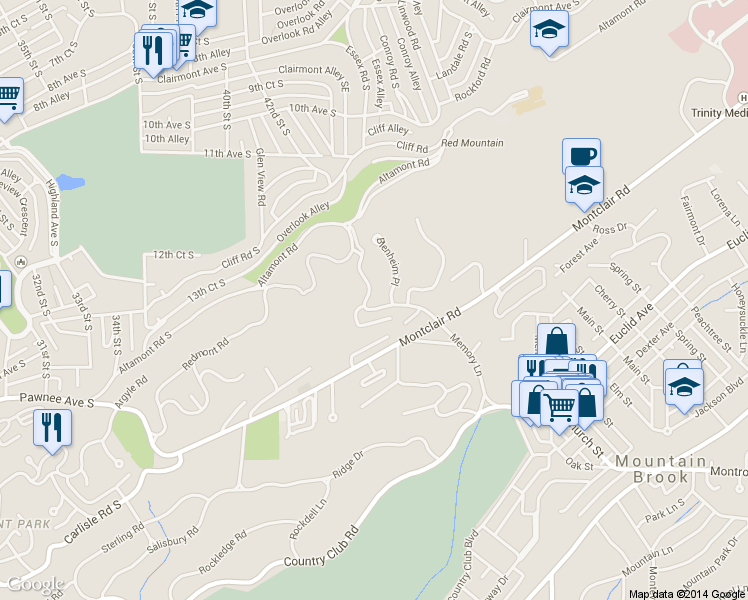 map of restaurants, bars, coffee shops, grocery stores, and more near 1433 Morningside Drive in Birmingham