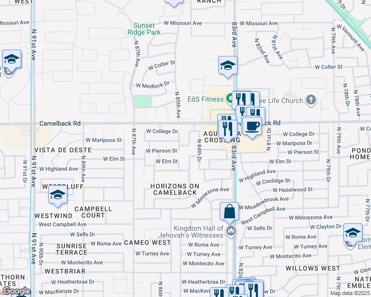 map of restaurants, bars, coffee shops, grocery stores, and more near 8453 West Pierson Street in Phoenix