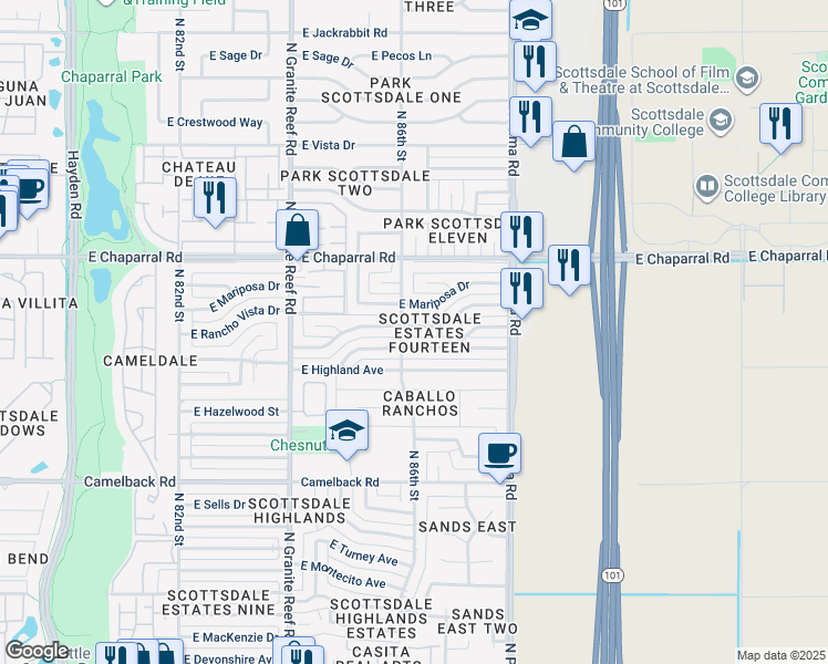 map of restaurants, bars, coffee shops, grocery stores, and more near 8607 East Rancho Vista Drive in Scottsdale