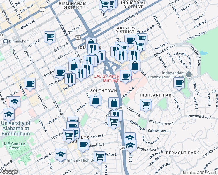 map of restaurants, bars, coffee shops, grocery stores, and more near 2507 9th Avenue South in Birmingham