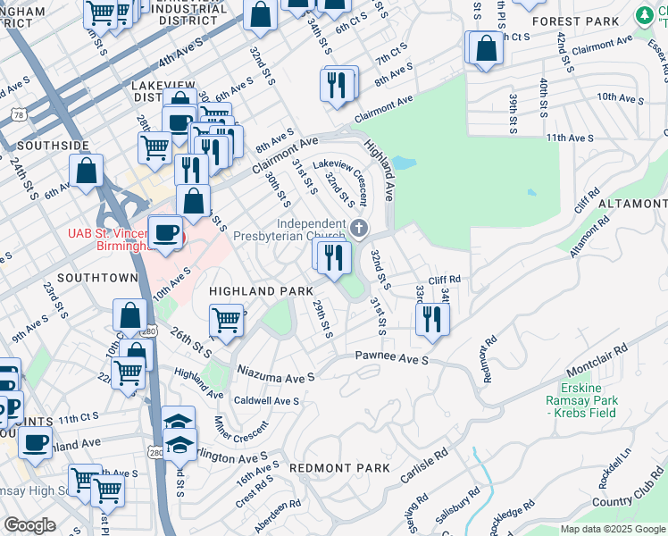 map of restaurants, bars, coffee shops, grocery stores, and more near 1131 30th Street South in Birmingham