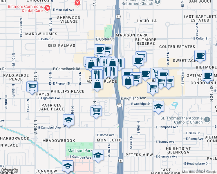 map of restaurants, bars, coffee shops, grocery stores, and more near 1661 East Camelback Road in Phoenix