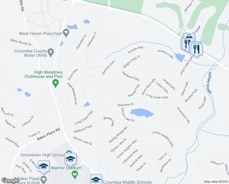 map of restaurants, bars, coffee shops, grocery stores, and more near 522 Marble Falls in Grovetown