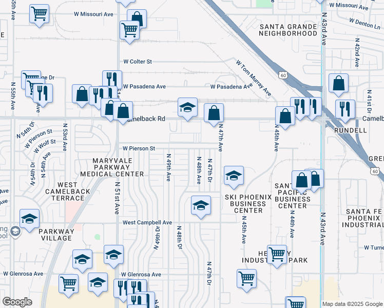 map of restaurants, bars, coffee shops, grocery stores, and more near 4737 North 48th Drive in Phoenix
