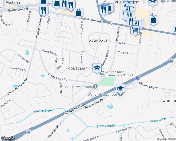 map of restaurants, bars, coffee shops, grocery stores, and more near 218 Kings Chapel Road in Augusta