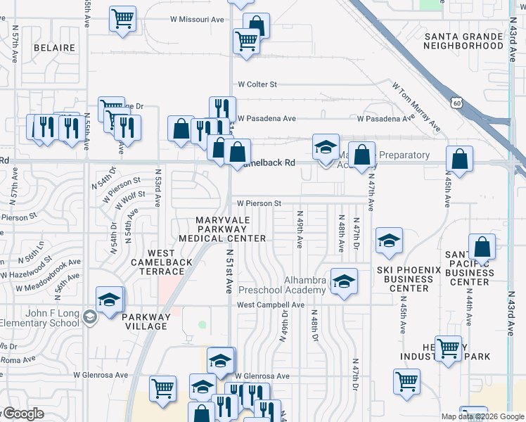 map of restaurants, bars, coffee shops, grocery stores, and more near 4745 North 50th Avenue in Phoenix