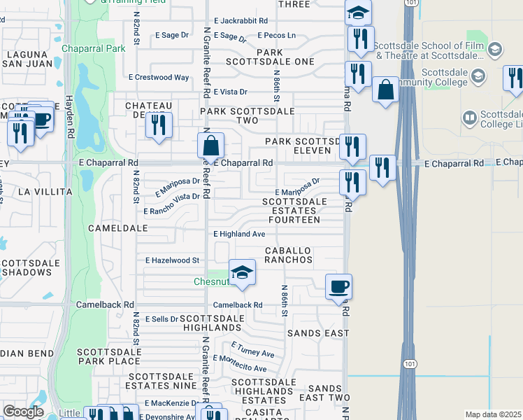 map of restaurants, bars, coffee shops, grocery stores, and more near 8519 East Rancho Vista Drive in Scottsdale