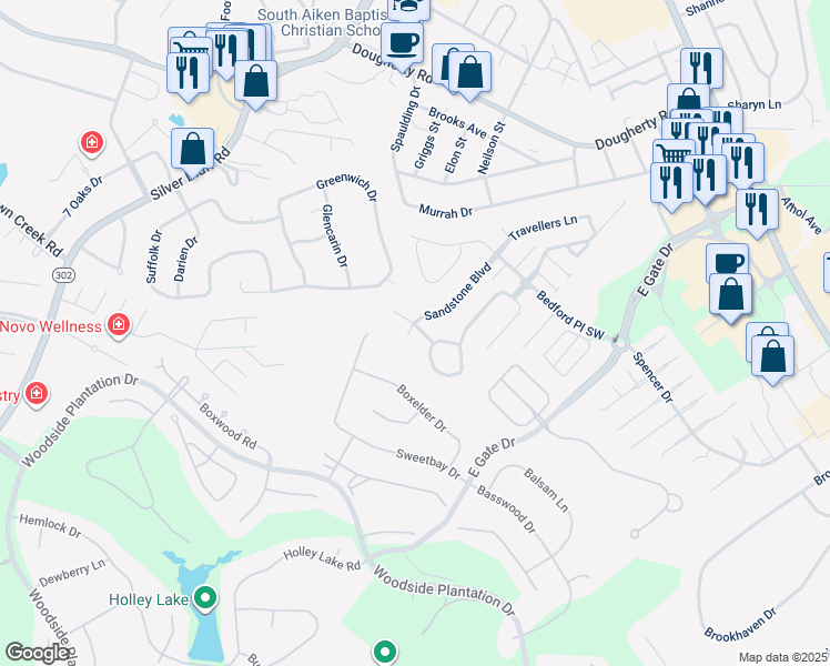 map of restaurants, bars, coffee shops, grocery stores, and more near 177 Sandstone Boulevard in Aiken