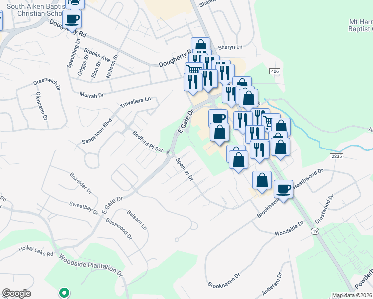 map of restaurants, bars, coffee shops, grocery stores, and more near 133 Melville Ln SW in Aiken