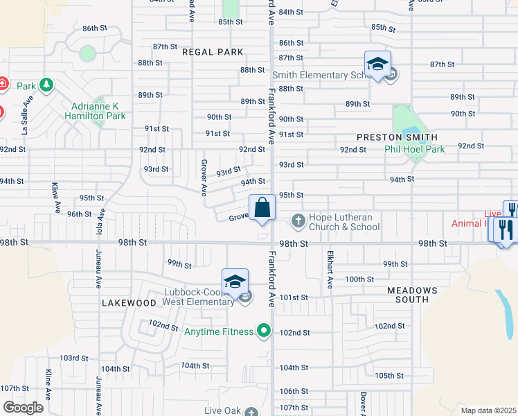 map of restaurants, bars, coffee shops, grocery stores, and more near 5802 96th St in Lubbock
