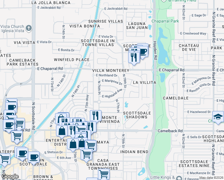 map of restaurants, bars, coffee shops, grocery stores, and more near 7702 East Thornwood Drive in Scottsdale