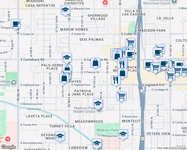 map of restaurants, bars, coffee shops, grocery stores, and more near 4747 North 14th Street in Phoenix
