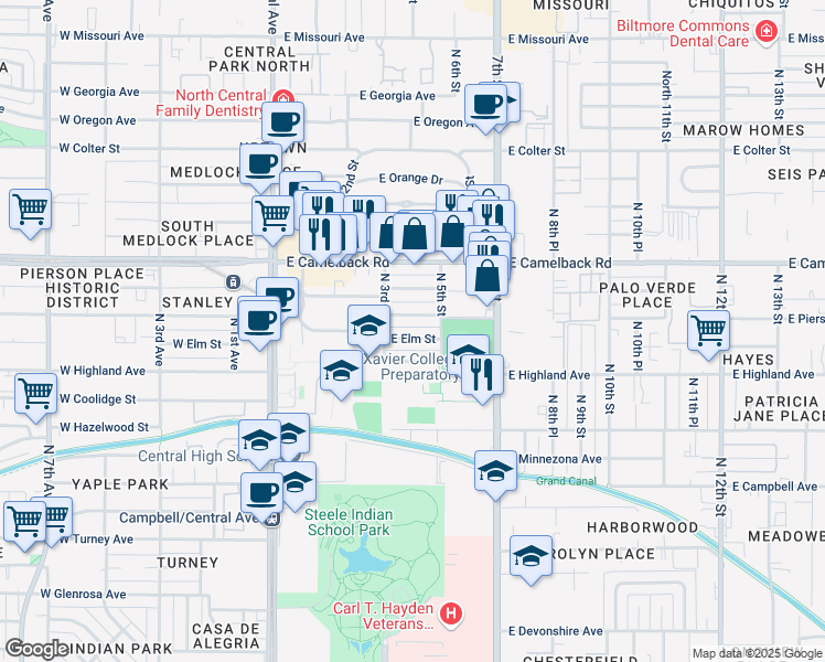 map of restaurants, bars, coffee shops, grocery stores, and more near 332 East Elm Street in Phoenix
