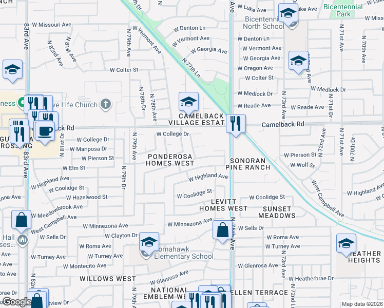 map of restaurants, bars, coffee shops, grocery stores, and more near 4702 North 76th Avenue in Phoenix