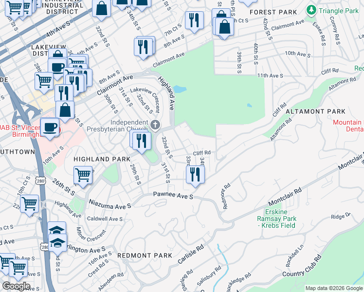 map of restaurants, bars, coffee shops, grocery stores, and more near 3216 Cliff Road in Birmingham