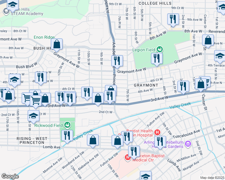 map of restaurants, bars, coffee shops, grocery stores, and more near 817 4th Court West in Birmingham
