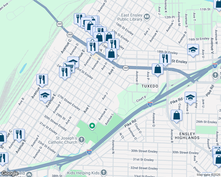 map of restaurants, bars, coffee shops, grocery stores, and more near 2301 Avenue J in Birmingham