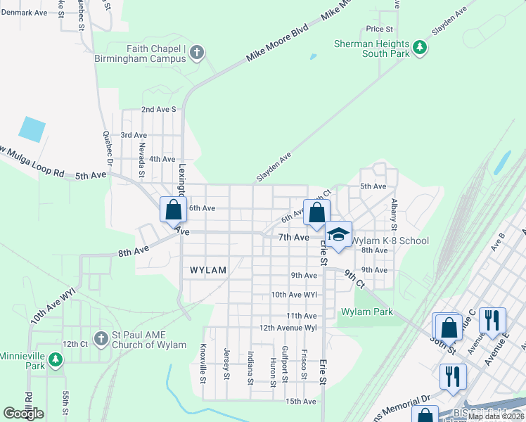 map of restaurants, bars, coffee shops, grocery stores, and more near 605 Indiana Street in Birmingham