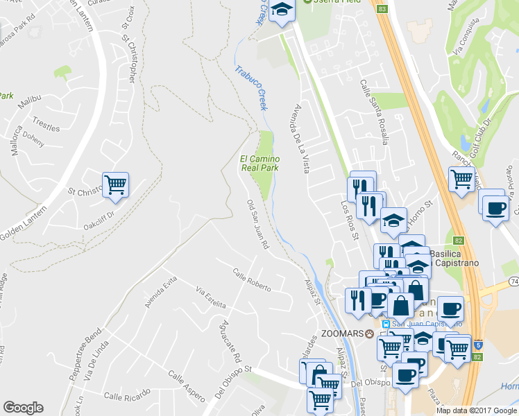 map of restaurants, bars, coffee shops, grocery stores, and more near 31352 Old San Juan Road in San Juan Capistrano