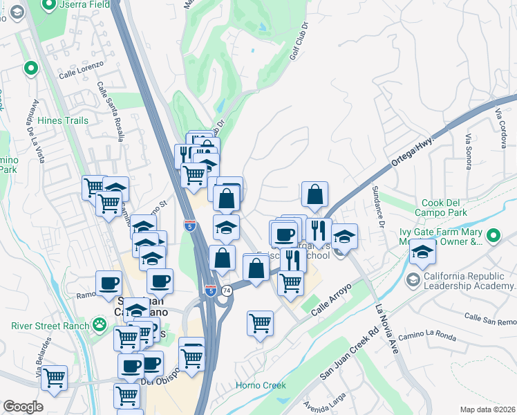 map of restaurants, bars, coffee shops, grocery stores, and more near 31432 Paseo Caliz in San Juan Capistrano