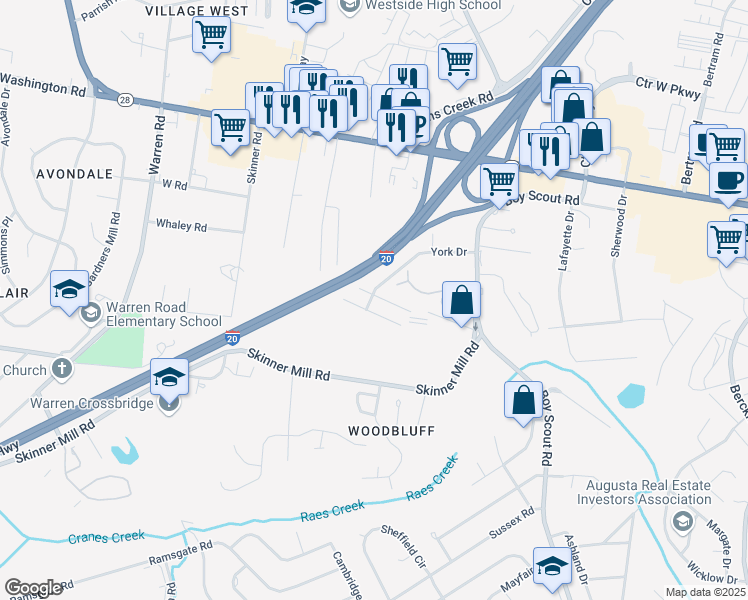 map of restaurants, bars, coffee shops, grocery stores, and more near 2704 York Drive in Augusta