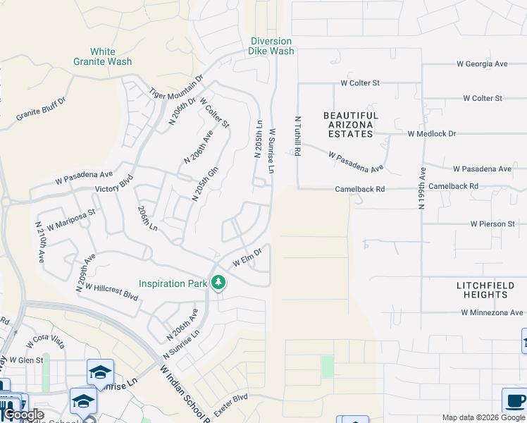 map of restaurants, bars, coffee shops, grocery stores, and more near 20507 West Rosewood Lane in Buckeye