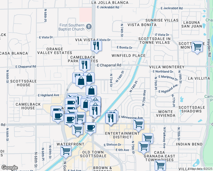 map of restaurants, bars, coffee shops, grocery stores, and more near 4827 North 72nd Way in Scottsdale