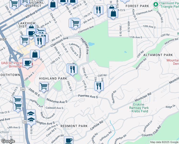 map of restaurants, bars, coffee shops, grocery stores, and more near 3216 Cliff Road in Birmingham
