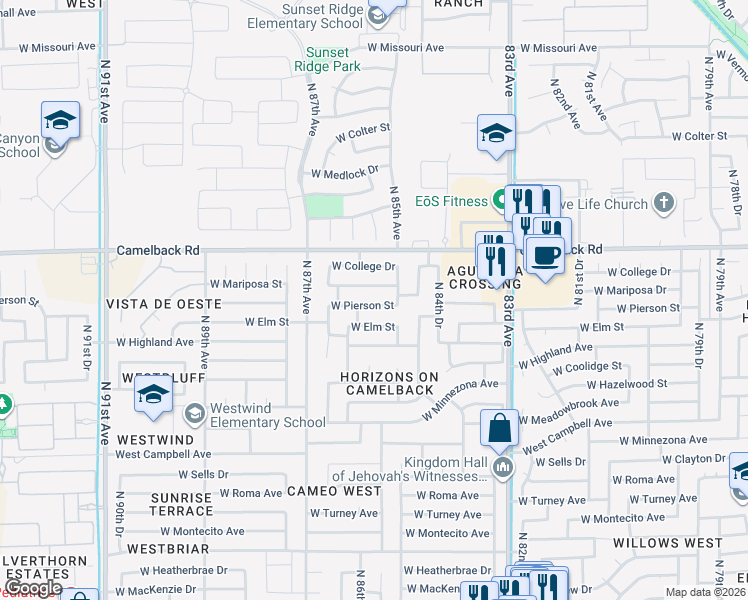 map of restaurants, bars, coffee shops, grocery stores, and more near 8526 West Pierson Street in Phoenix