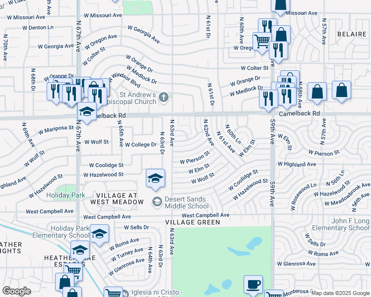 map of restaurants, bars, coffee shops, grocery stores, and more near 6254 W Mariposa Dr in Phoenix