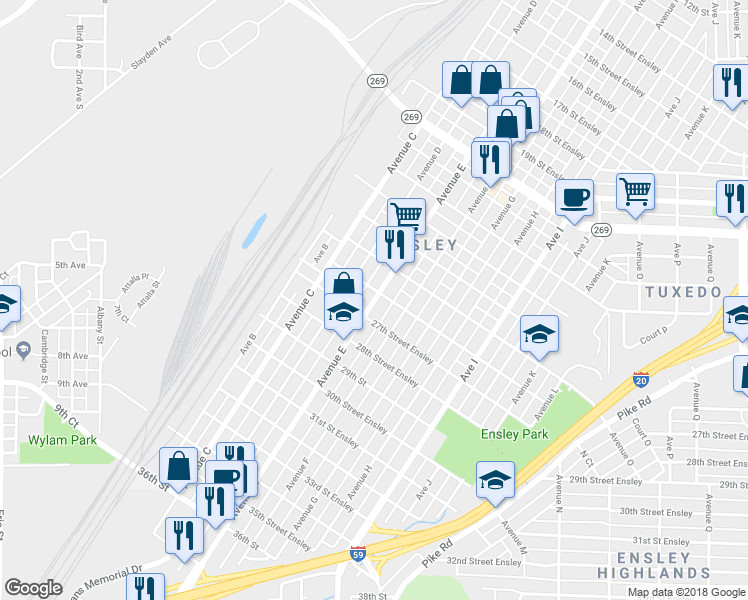 map of restaurants, bars, coffee shops, grocery stores, and more near 2630 Avenue East in Birmingham