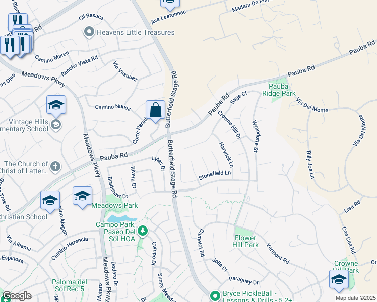 map of restaurants, bars, coffee shops, grocery stores, and more near 32833 Northshire Circle in Temecula