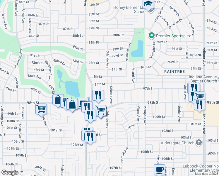 map of restaurants, bars, coffee shops, grocery stores, and more near 9606 Orlando Avenue in Lubbock