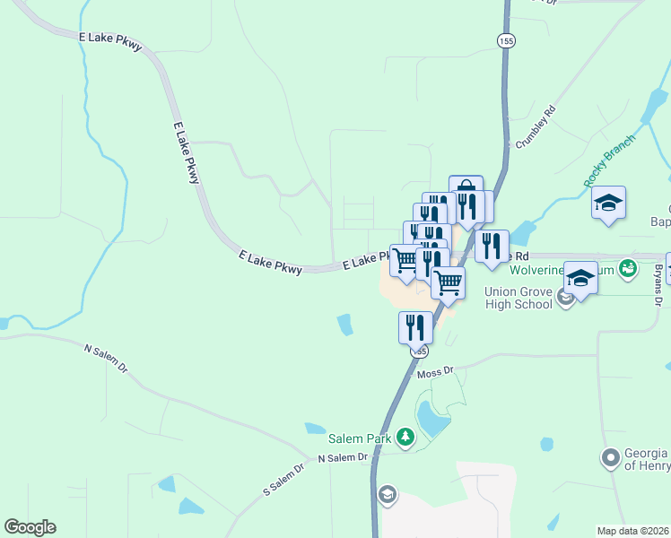 map of restaurants, bars, coffee shops, grocery stores, and more near 5855 East Lake Parkway in McDonough
