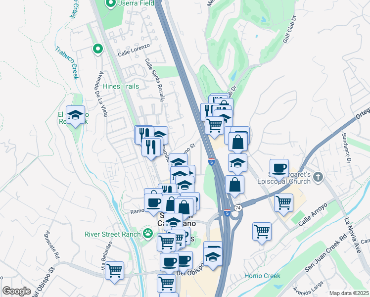 map of restaurants, bars, coffee shops, grocery stores, and more near 31375 El Horno Street in San Juan Capistrano