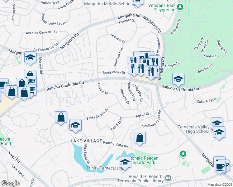 map of restaurants, bars, coffee shops, grocery stores, and more near 42200 Cosmic Drive in Temecula