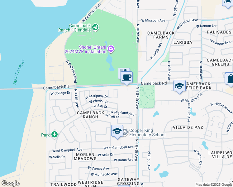 map of restaurants, bars, coffee shops, grocery stores, and more near 4922 N 108th Ave in Phoenix