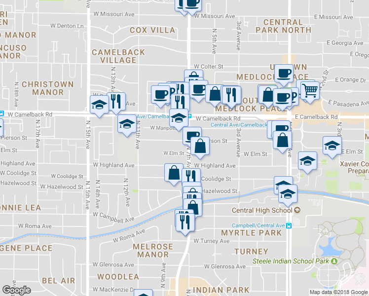 map of restaurants, bars, coffee shops, grocery stores, and more near 4740 North 7th Avenue in Phoenix
