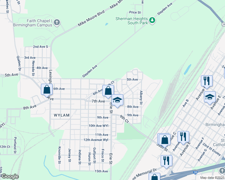 map of restaurants, bars, coffee shops, grocery stores, and more near 539 Erie Street in Birmingham