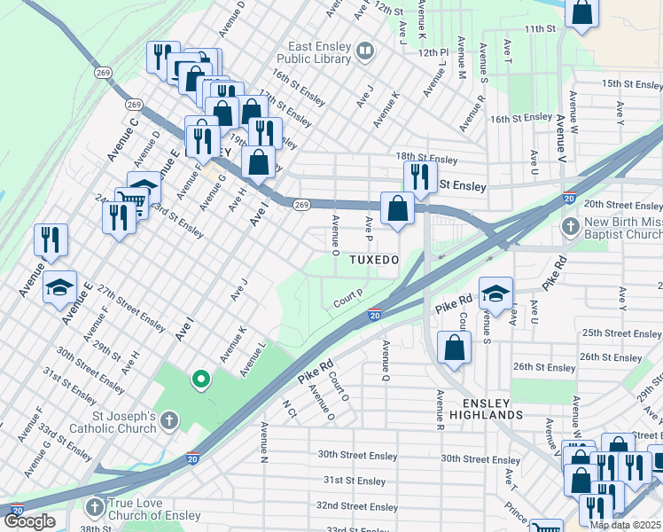 map of restaurants, bars, coffee shops, grocery stores, and more near 2106 Avenue O in Birmingham