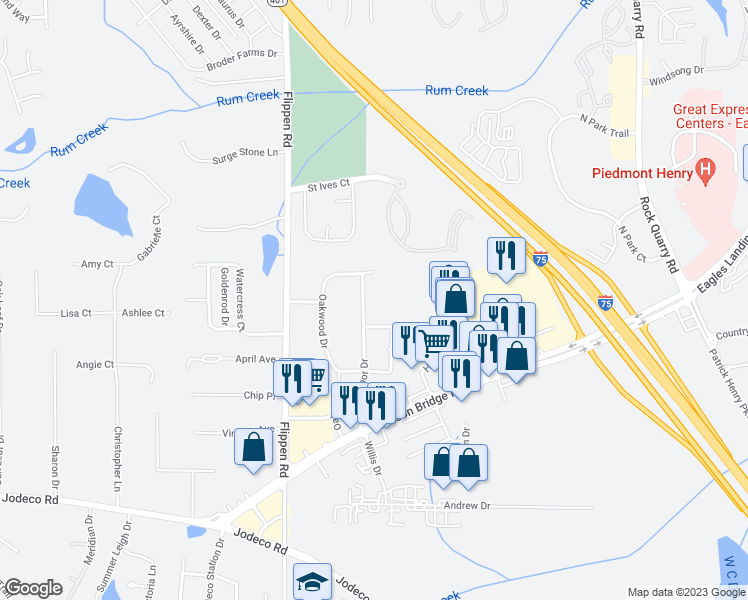 map of restaurants, bars, coffee shops, grocery stores, and more near 524 Oakwood Manor Drive in Stockbridge