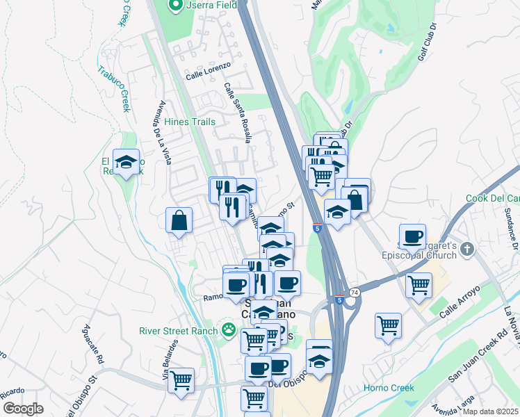 map of restaurants, bars, coffee shops, grocery stores, and more near 31372 Guadalupe St in San Juan Capistrano